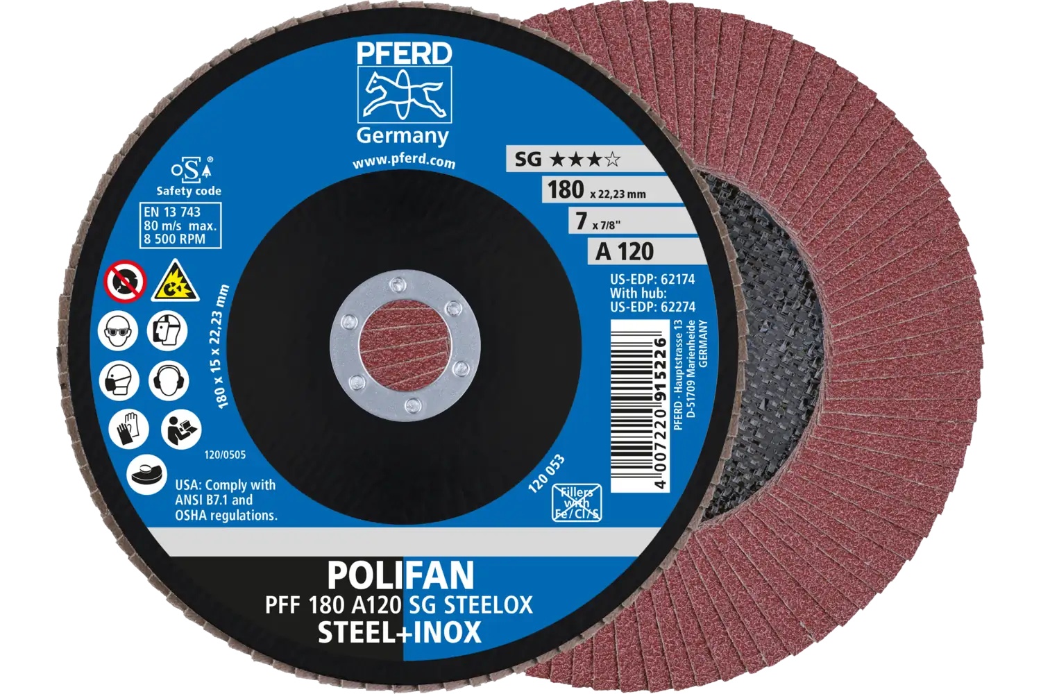 Picture of Pferd Flap Disc, 7" x 7/8, A SG Steelox, 120 Grit, T27, Flat, Aluminum oxide